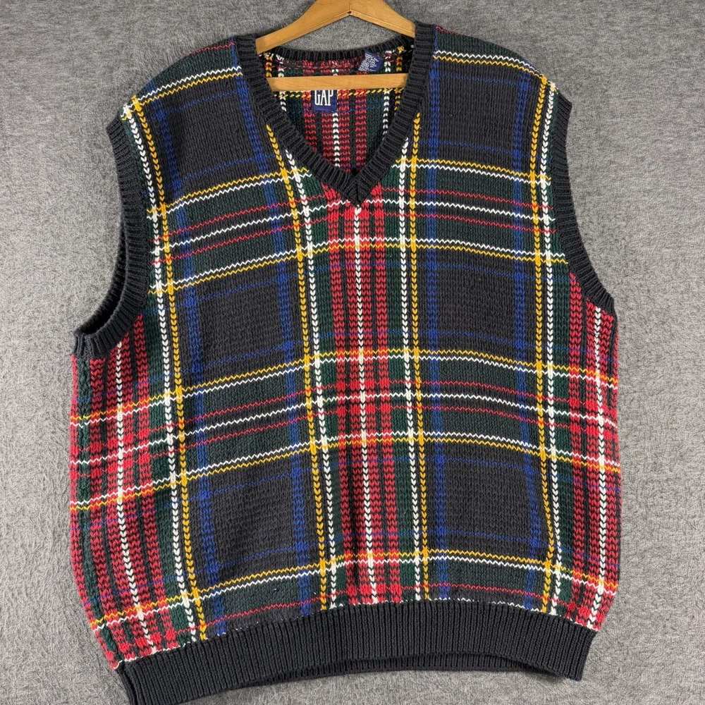 Vintage 90s GAP Mens Sweater Vest Tartan Plaid V Neck Academia Mens XL Preppy